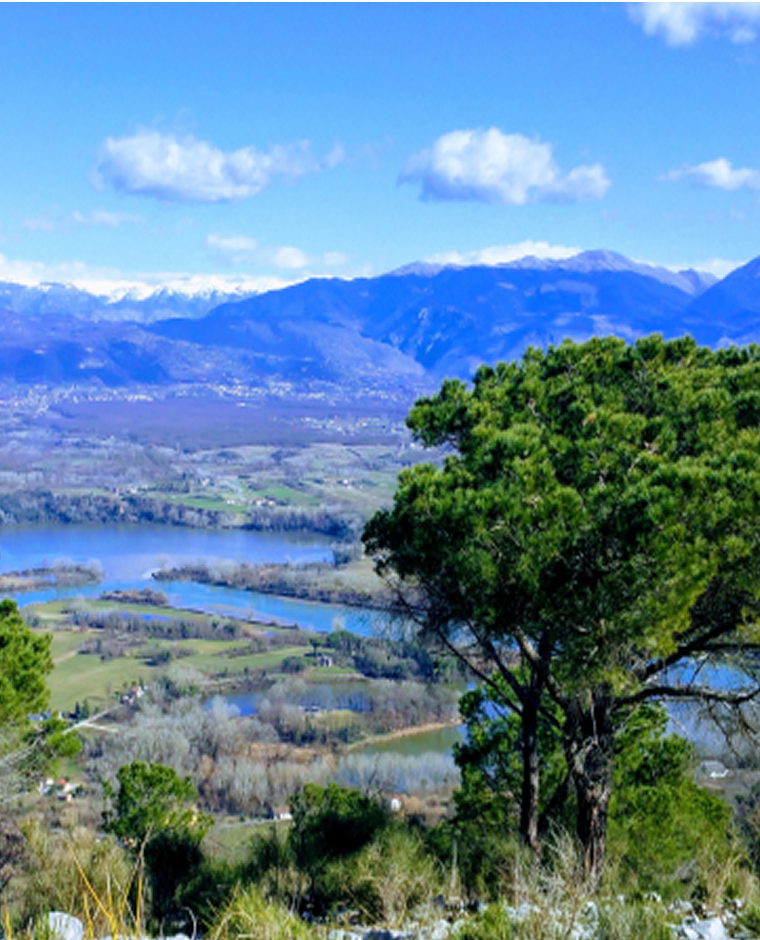 Vista dall'alto del paesaggio di Colle Sant'Angelo, con alberi e bacino idrico