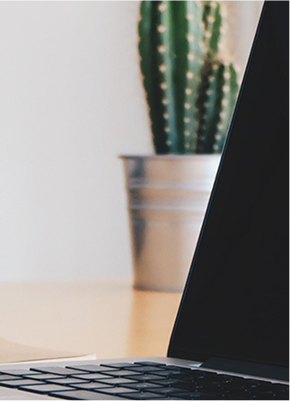 Laptop resting on an office desk. A smartphone and a cactus plant are also visible.